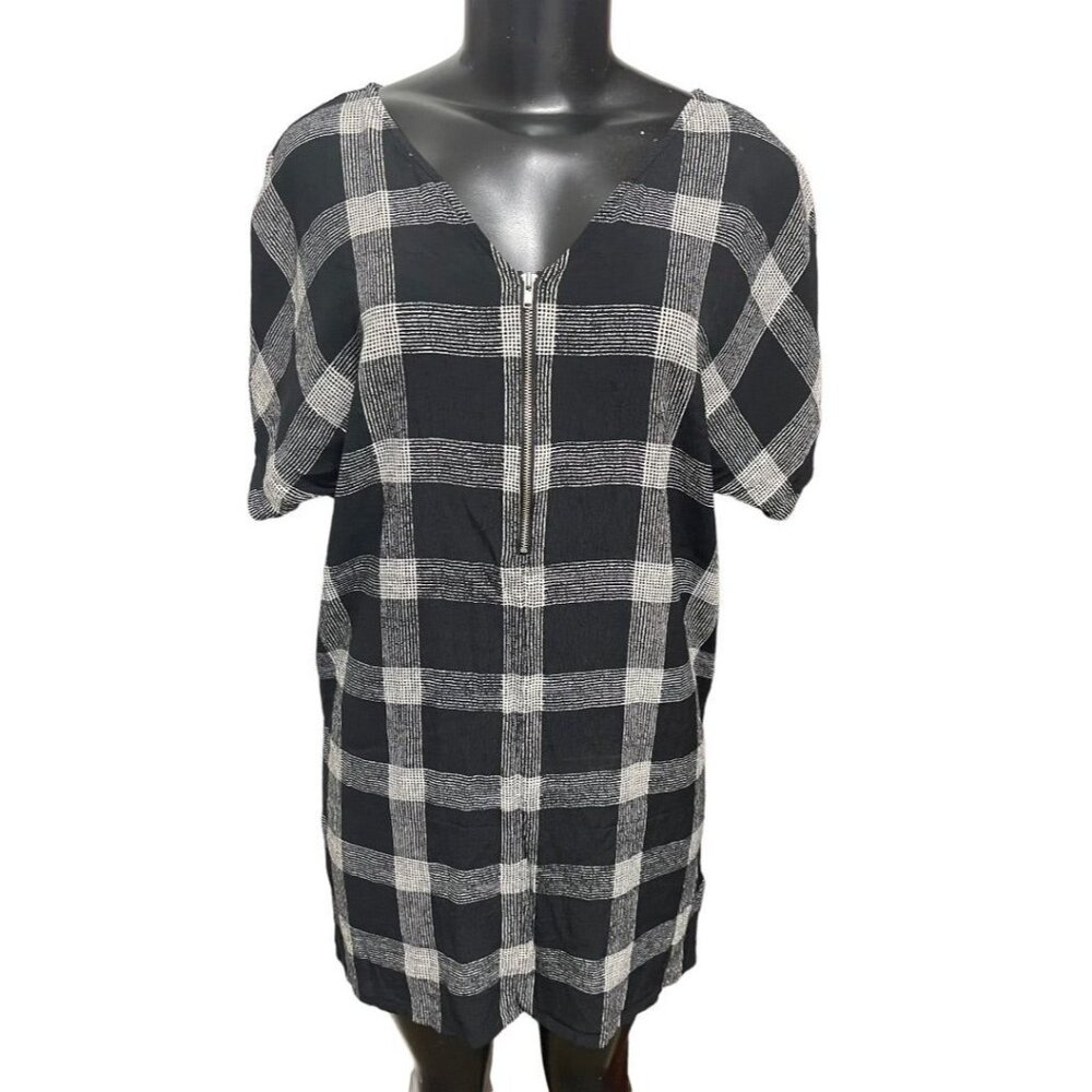 XS Madewell V-Neck Shift Dress Oversize Black White Plaid Lightweight
